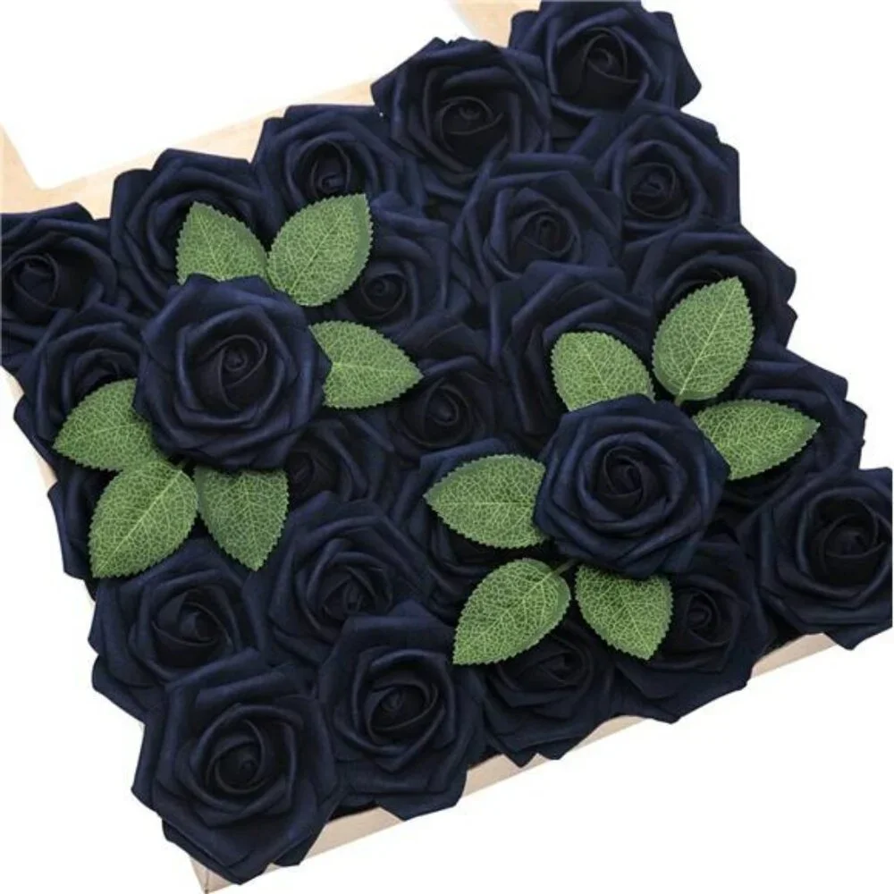 Navy Blue Artificial Roses 25pcs Fake Flowers for Wedding Bouquets Centerpieces
